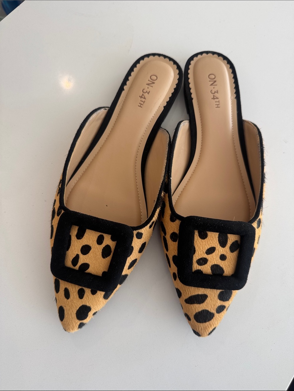 ON:34TH Leopard-Print Pointed Mule with Black Buckle Trim